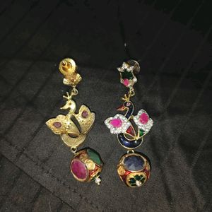 Peacock Golden Earrings Blue Red Green Gemstones