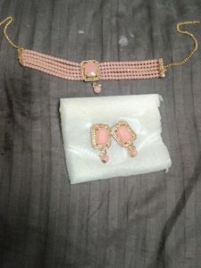 Pink Beaded Choker Necklace & Earrings Set