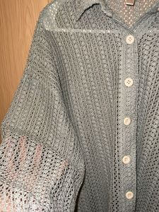 Mint Blue Crochet Button-Up Shirt