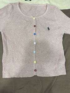 Pastel Pink Knit Cardigan with Colorful Buttons