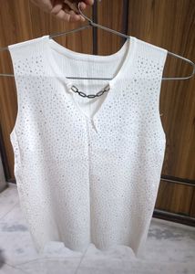 White Sleeveless Rhinestone Knit Tank Top