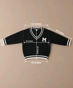 BLACK CABLE-KNIT VARSITY V-NECK SWEATER