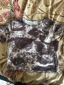 Abstract Face Print Mesh Crop Top | Y2K Aesthetic