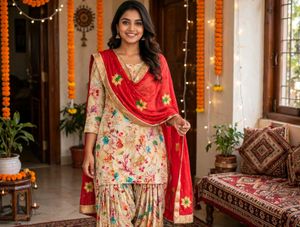 Floral Print Kurta with Patiala Pants & Dupatta
