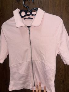 Pink Zip-Up Collared Top