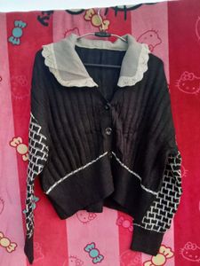 Unique Black Cardigan with Collar Detail