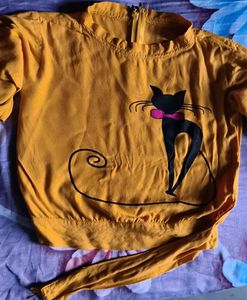 Cute Cat Print Yellow Tunic Top