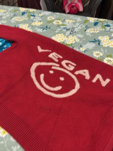 Red "Vegan" Cardigan Sweater
