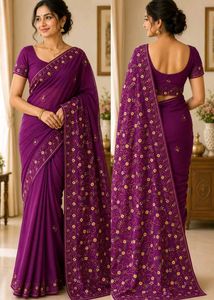 georgette purple saree, floral pattern for functio