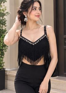 Black Fringe Embellished Crop Top