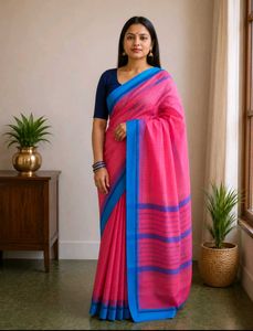 Vibrant Pink Kanchi Cotton Saree with Blue Border