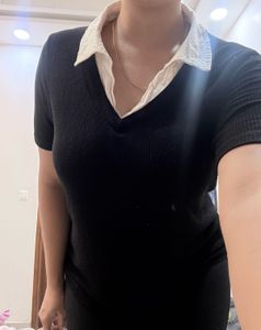 Black V-Neck Ribbed Top with White Collar