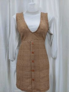 Brown Plaid Button-Up Pinafore Dress