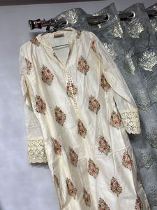 Embroidered Cream lace kurti with trouser