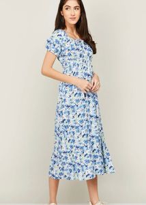 Floral Print Puff Sleeve Midi Dress