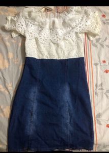 White Dress With Attached Denim Skirt