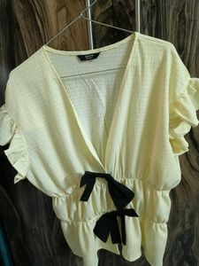 Shein Yellow Ruffled Bow Top