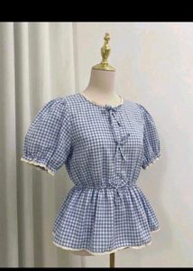 Blue Gingham Puff Sleeve Top