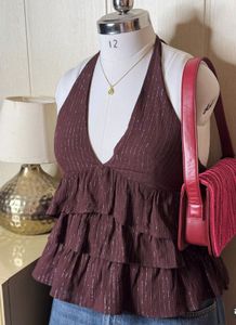 Chic Ruffled Halter Top with Metallic Stripes