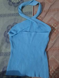 Sky Blue Halter Neck Ribbed Top
