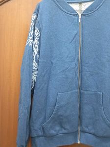 Blue Bomber Jacket with Leaf Embroidery