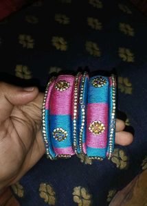Pink &amp; Blue Silk Thread Bangles (Set of 6)