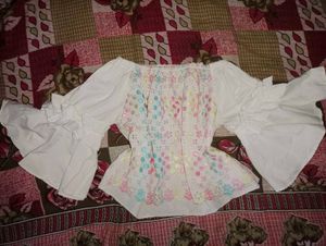 White Embroidered Half Shoulder Top