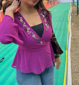 Purple Floral Embellished Wrap Top