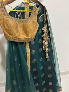 Dark Green &amp; Gold Ethnic Lehenga Set with Dupatta