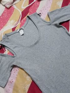 Grey Cold Shoulder Ribbed Top