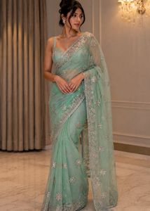 Y2K Teal saree with Silver Embellishments