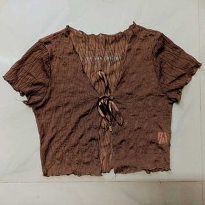 Brown Textured Tie-Front Crop Top