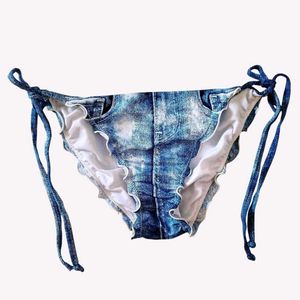 Denim Print Ruffled Bikini Bottoms