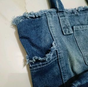 Denim Tote Bag with Pearl Charm