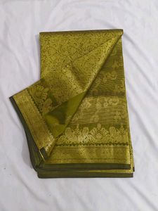 Elegant Olive Green Silk Saree with Gold Zari