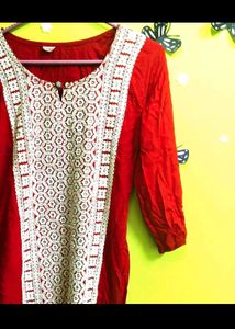 Red Kurta with White Lace Detail