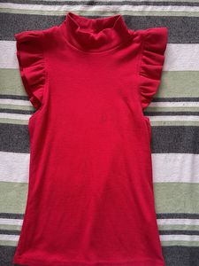 Red Ruffled Sleeve Mock Neck Top
