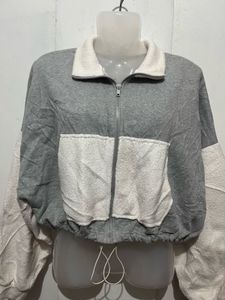 Grey &amp; White Cropped Zip-Up Jacket