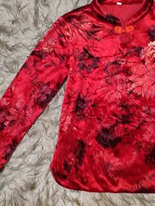 Red Chinese Floral Embroidered Velvet Qipao