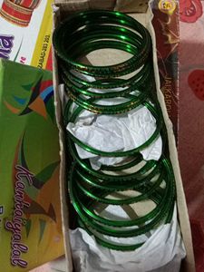 Green Glass Bangles with Red &amp; Gold Accents
