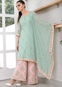 Elegant Mint Green Kurta Set with Pink Palazzo