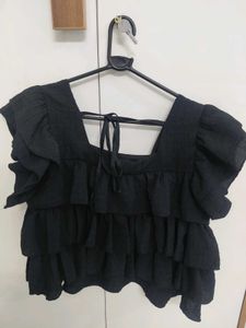 Chic Black Ruffle Square Neck Top