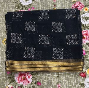 New-Elegant Black Saree with Gold Border