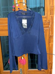 stylecast Stylish Blue Satin Lace Trim Top