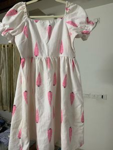 White Cotton Dress with Pink Leaf Print