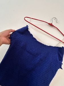 Blue Off-Shoulder Smocked Crop Top