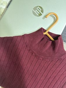 Maroon Ribbed Turtleneck Maxi Dress