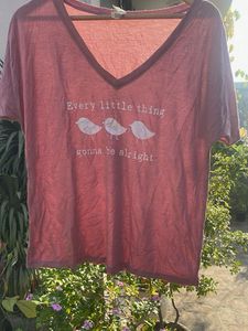 Pink V-Neck T-Shirt with Bird Graphic