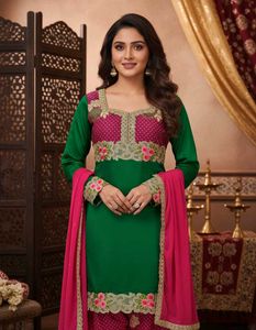 Green & Pink Embroidered Salwar Kameez