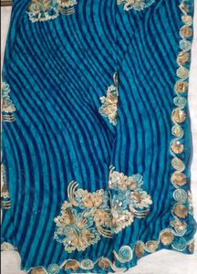 Blue Striped Saree with Gold Embroidery